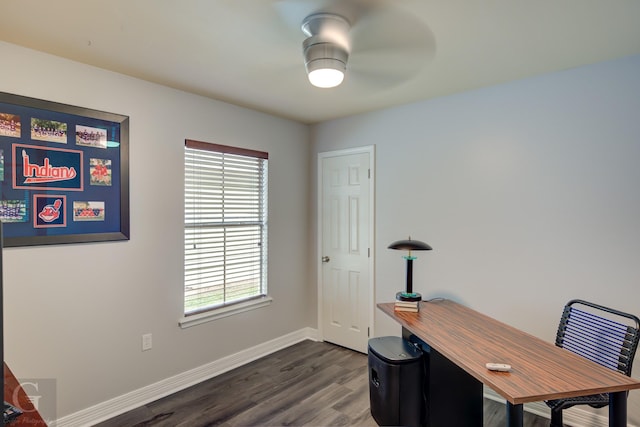 office area featuring baseboards, a ceiling fan, dark wood finished floors, and a wealth of natural light