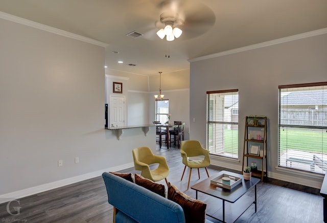 living room featuring baseboards, visible vents, ceiling fan with notable chandelier, and dark wood-type flooring