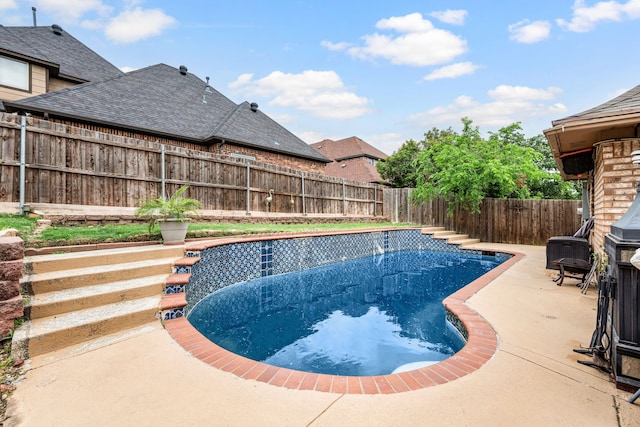view of swimming pool featuring a fenced in pool, a fenced backyard, and a patio