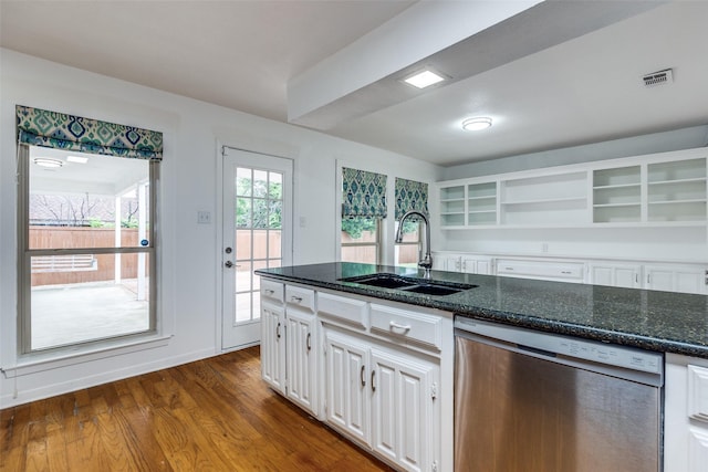 10119 Chisholm Trl, Dallas, TX 75243 - kitchen featuring stainless steel dishwasher, a sink, open shelves, white cabinets, and dark wood-style floors