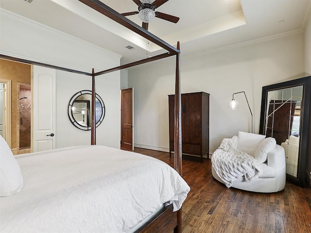 bedroom featuring crown molding, dark wood-style flooring, ceiling fan, and visible vents