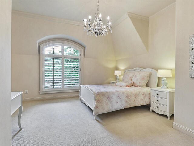 bedroom featuring visible vents, ornamental molding, baseboards, and light colored carpet