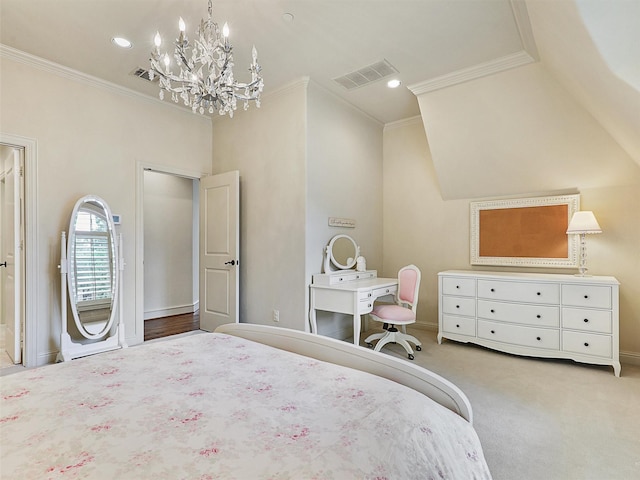carpeted bedroom featuring crown molding, recessed lighting, a chandelier, and visible vents