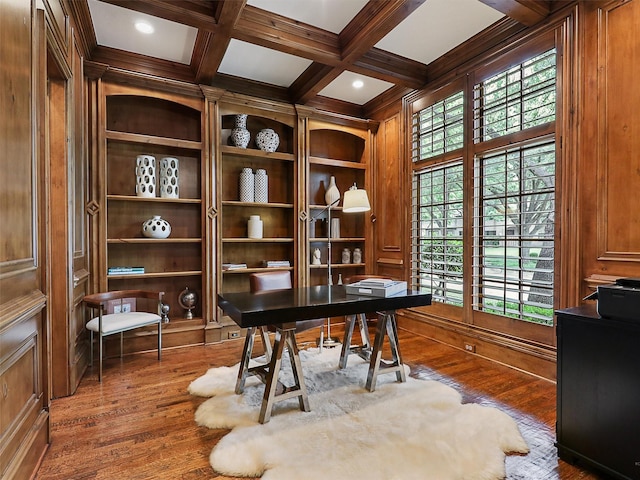 office featuring wooden walls, coffered ceiling, beam ceiling, and wood finished floors