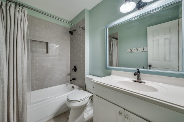 bathroom with vanity, shower / bathtub combination with curtain, tile patterned flooring, and toilet