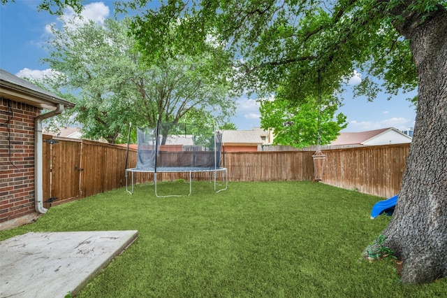 view of yard with a fenced backyard and a trampoline
