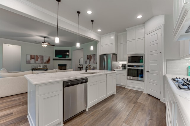 kitchen with tasteful backsplash, a fireplace, stainless steel appliances, and open floor plan