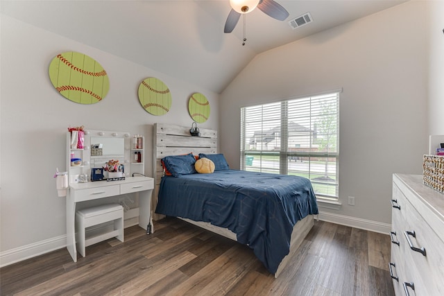 bedroom with ceiling fan, visible vents, baseboards, dark wood-style floors, and lofted ceiling