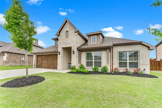view of front facade featuring a garage, brick siding, fence, a front lawn, and concrete driveway