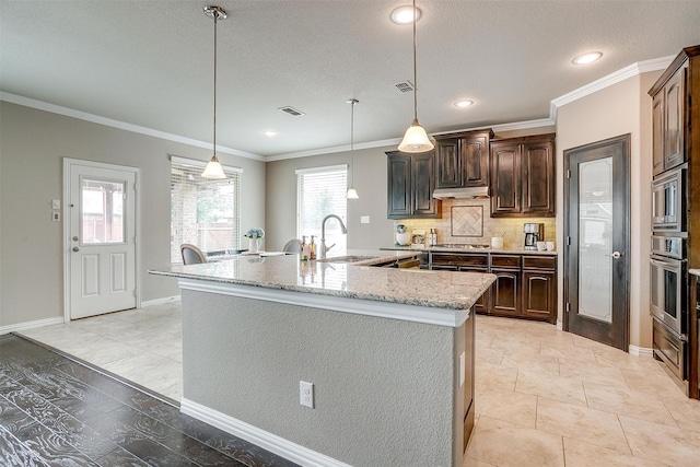 kitchen with decorative backsplash, dark brown cabinetry, appliances with stainless steel finishes, a large island with sink, and a sink