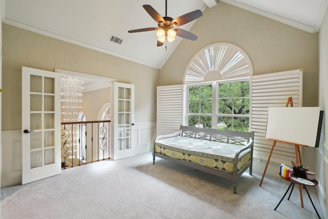 bedroom featuring french doors, ornamental molding, carpet, and visible vents