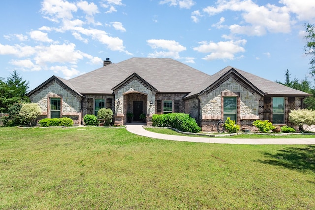 french provincial home featuring a chimney, stone siding, and a front yard