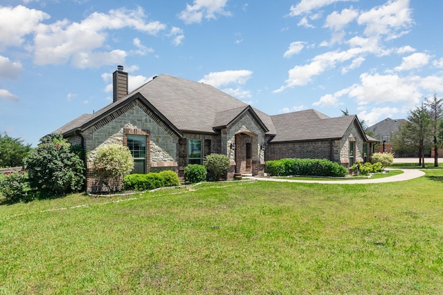 french provincial home with a chimney, a front yard, and stone siding