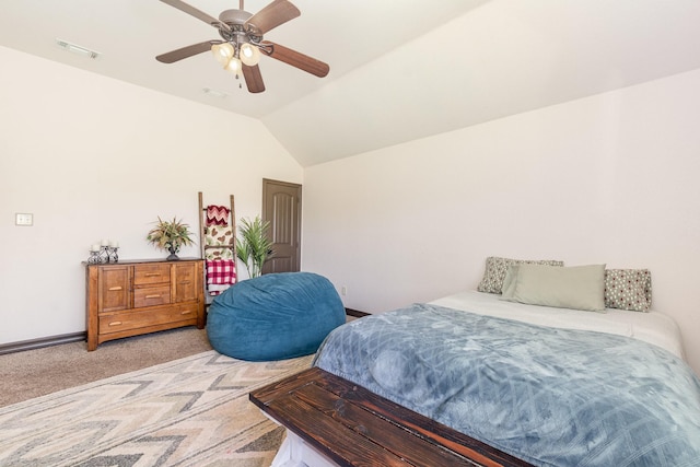 bedroom featuring vaulted ceiling, ceiling fan, light carpet, and visible vents