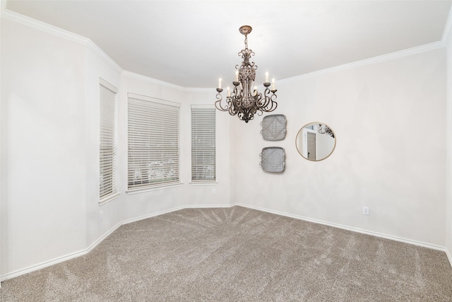 unfurnished room with carpet floors, ornamental molding, baseboards, and a notable chandelier