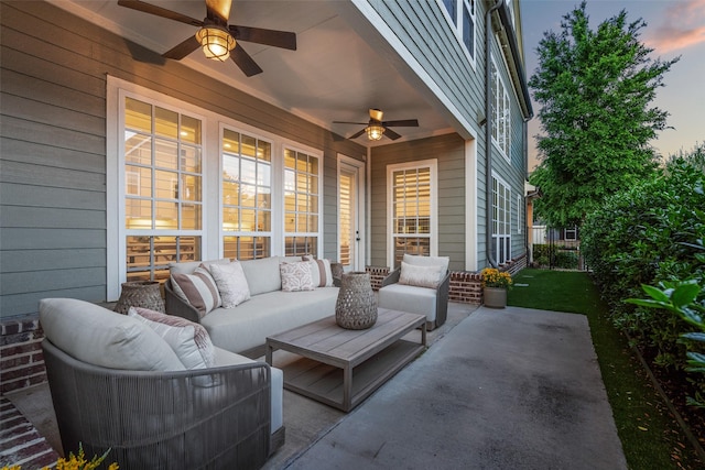 view of patio with a ceiling fan and an outdoor hangout area
