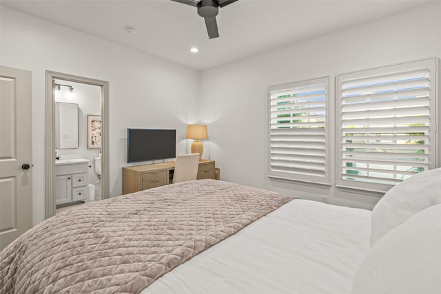 bedroom featuring a ceiling fan, recessed lighting, and ensuite bathroom