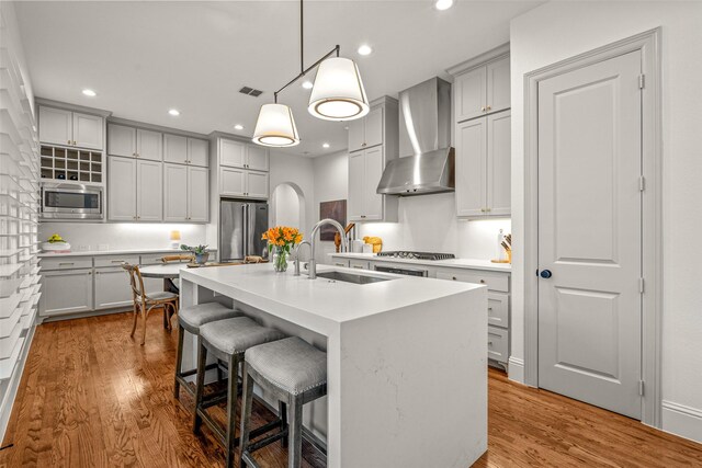kitchen featuring wall chimney range hood, gray cabinets, stainless steel appliances, and a sink