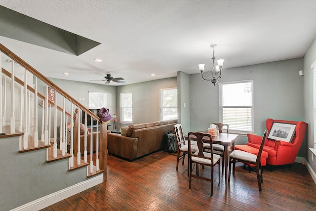 dining room featuring stairs, baseboards, dark wood-style floors, a notable chandelier, and recessed lighting
