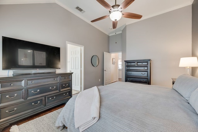 bedroom featuring visible vents, crown molding, ceiling fan, high vaulted ceiling, and dark wood-type flooring