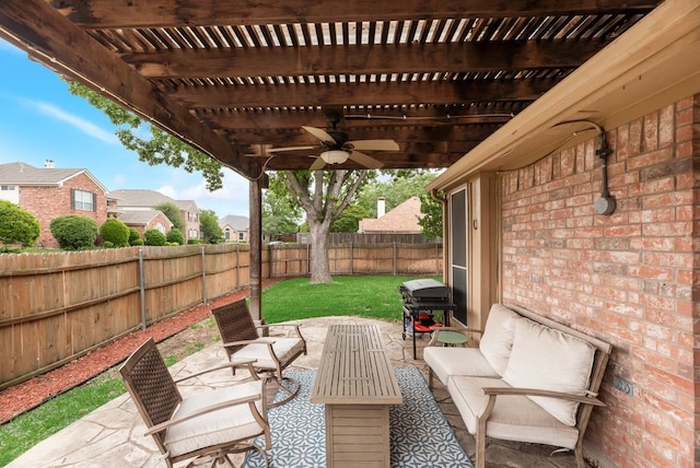 view of patio / terrace featuring a pergola, ceiling fan, outdoor lounge area, a fenced backyard, and a grill