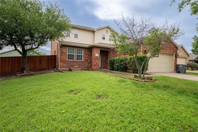 traditional-style home featuring brick siding, fence, driveway, and a front yard