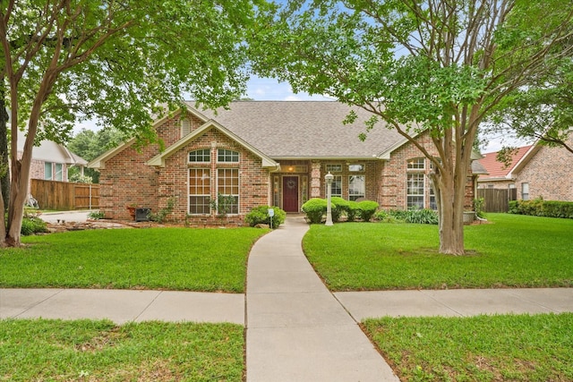 tudor-style house with brick siding, fence, a shingled roof, and a front lawn