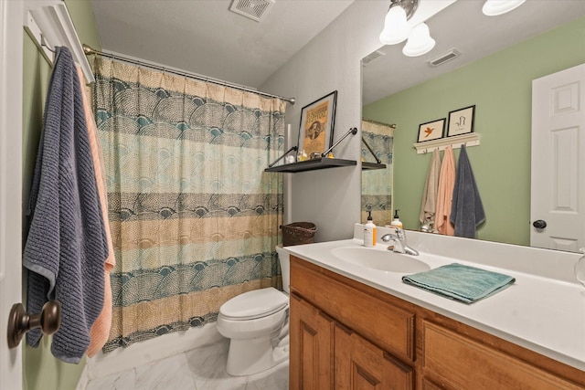 bathroom with visible vents, marble finish floor, toilet, and vanity