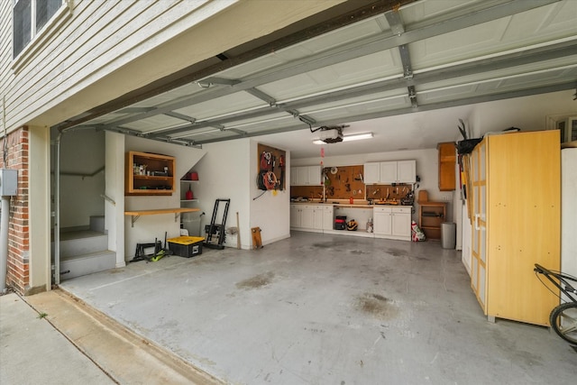 garage with a workshop area