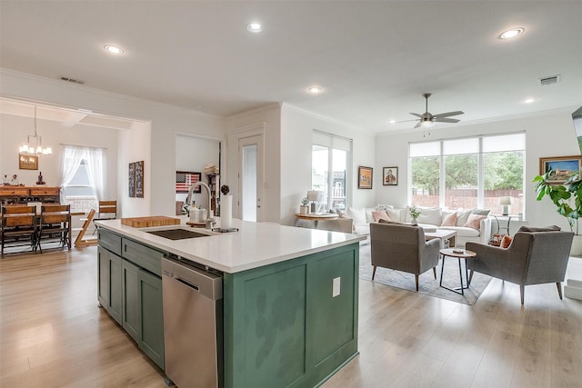kitchen with plenty of natural light, a sink, green cabinetry, and dishwasher