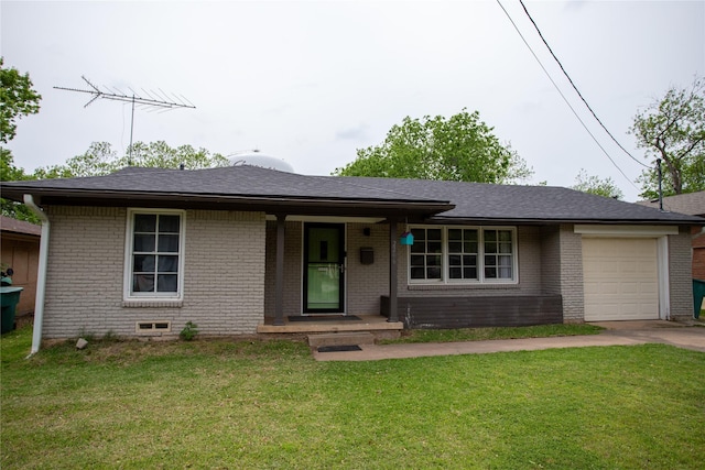 single story home with an attached garage, a front yard, driveway, and brick siding
