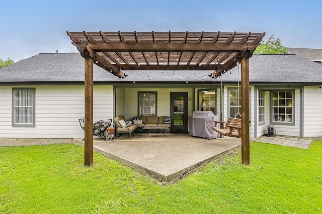 back of property with outdoor lounge area, a yard, and a pergola