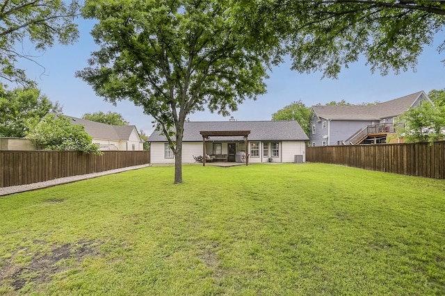back of property with a pergola, central air condition unit, a fenced backyard, a patio area, and a lawn