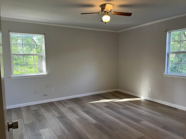 spare room with crown molding, baseboards, a ceiling fan, and wood finished floors