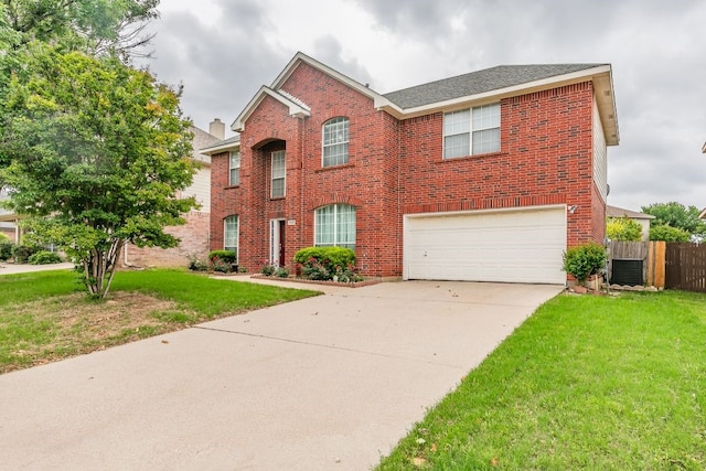 view of front of home featuring a garage, brick siding, fence, a front lawn, and concrete driveway