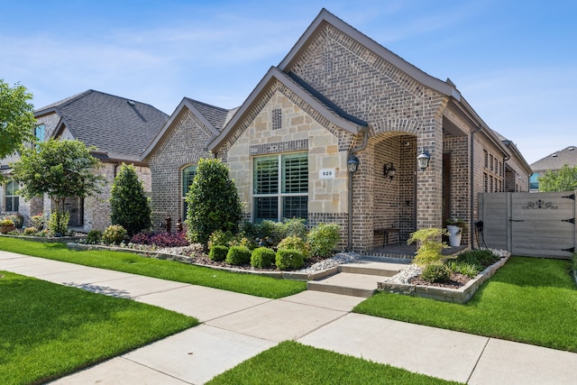 920 Plaza Ln, Argyle, TX 76226 - view of front of home with brick siding, a front yard, a gate, and stone siding