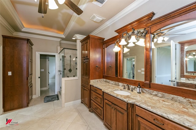 full bathroom with a ceiling fan, a stall shower, and visible vents