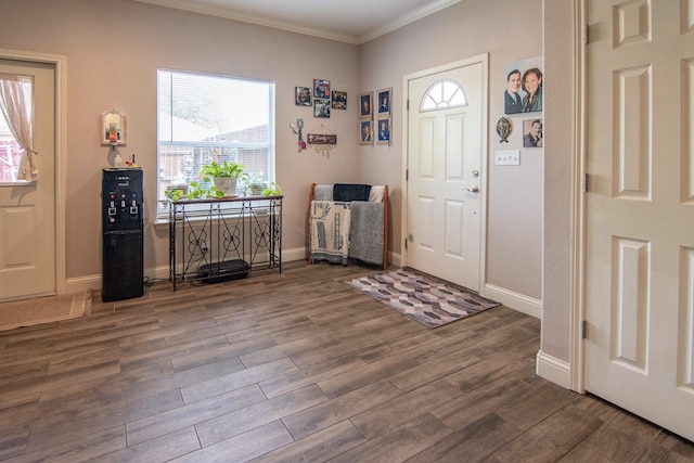 foyer entrance featuring crown molding, baseboards, wood finished floors, and a wealth of natural light