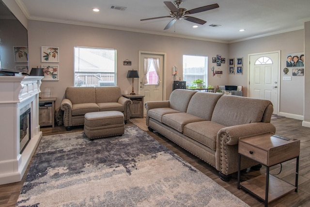 living room featuring plenty of natural light, wood finished floors, and visible vents