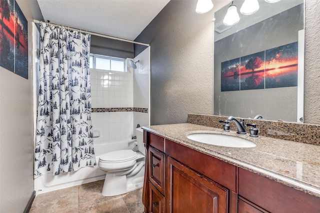 full bath featuring a textured wall, vanity, toilet, stone finish flooring, and shower / tub combo