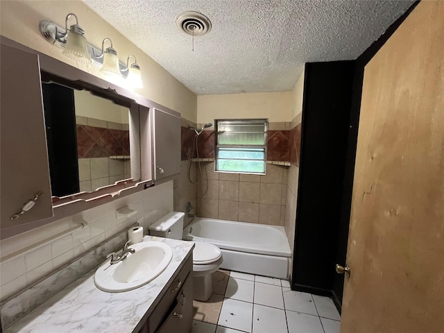 full bath with toilet, a textured ceiling, tile patterned floors,  shower combination, and visible vents