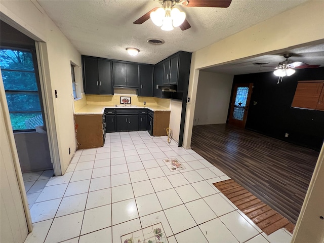 kitchen featuring dark cabinetry, a ceiling fan, a textured ceiling, and visible vents