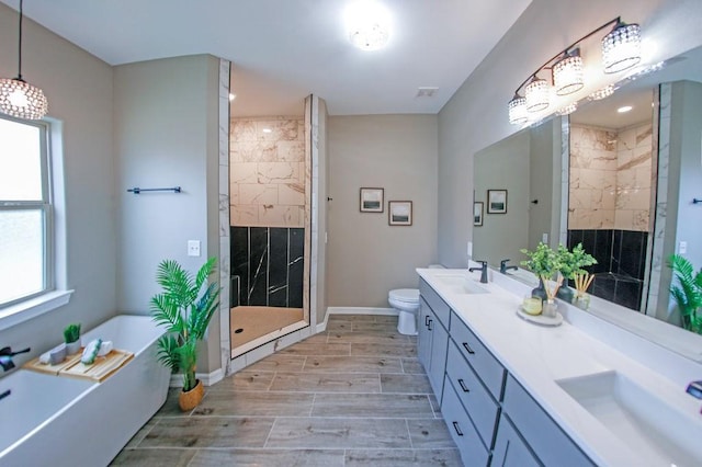 full bathroom with a sink, a freestanding tub, a fireplace, and a shower stall