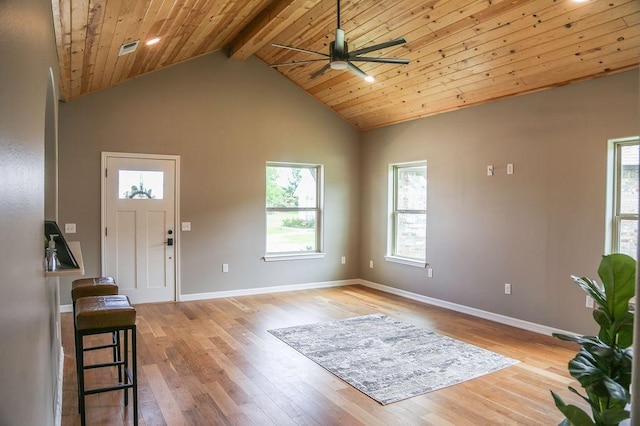 foyer featuring high vaulted ceiling, ceiling fan, beamed ceiling, and wood finished floors