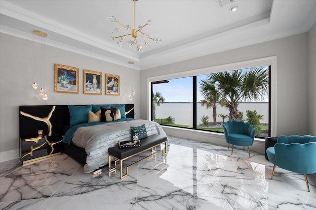 bedroom with marble finish floor, a chandelier, and a raised ceiling