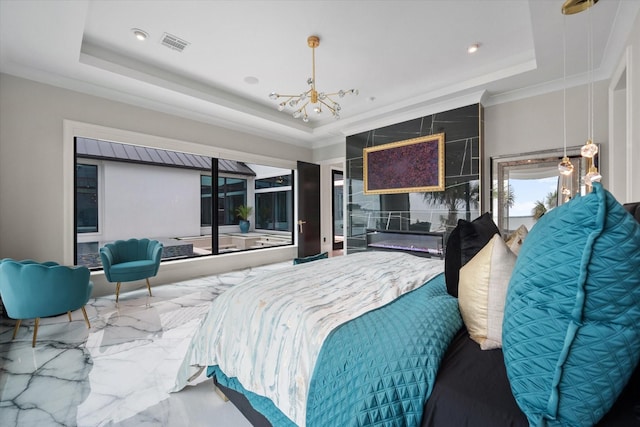 bedroom with visible vents, a notable chandelier, a raised ceiling, marble finish floor, and recessed lighting