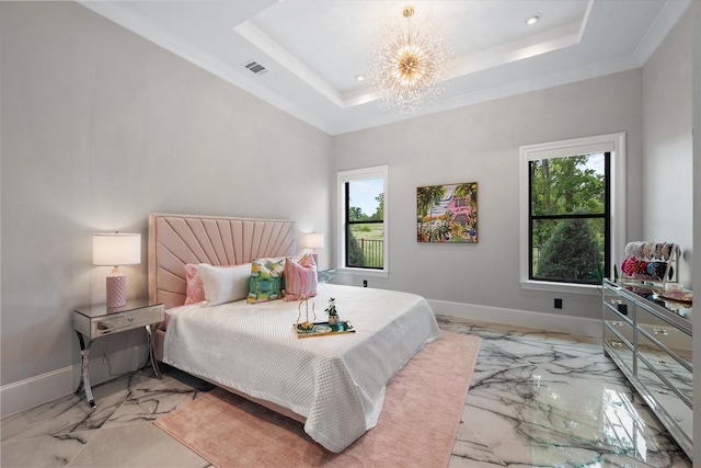 bedroom with visible vents, an inviting chandelier, marble finish floor, baseboards, and a raised ceiling