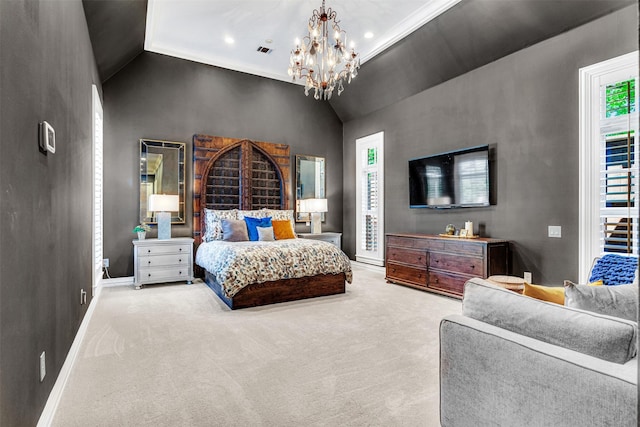 carpeted bedroom with visible vents, vaulted ceiling, a notable chandelier, and multiple windows