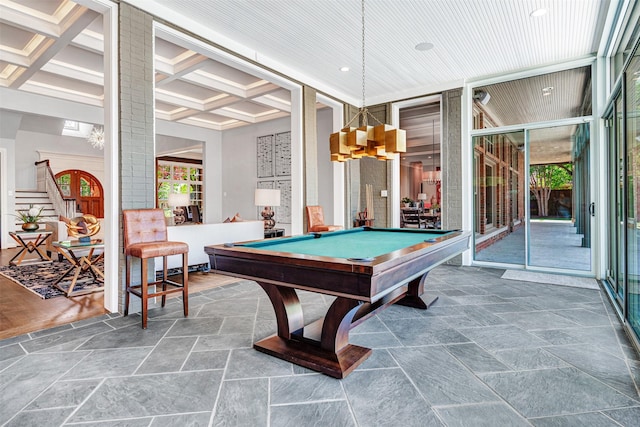 recreation room featuring beamed ceiling, pool table, plenty of natural light, and coffered ceiling