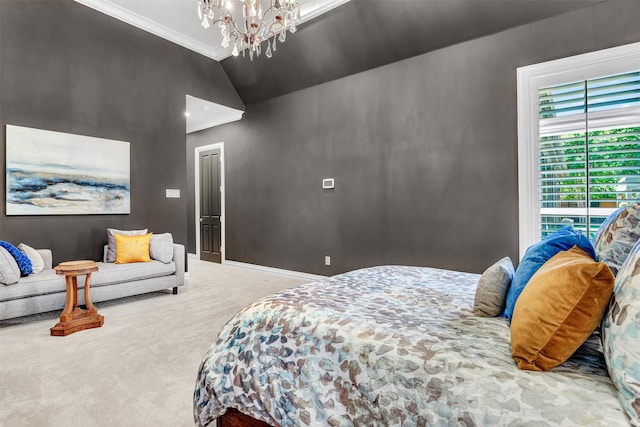 bedroom featuring a notable chandelier, carpet floors, baseboards, lofted ceiling, and ornamental molding